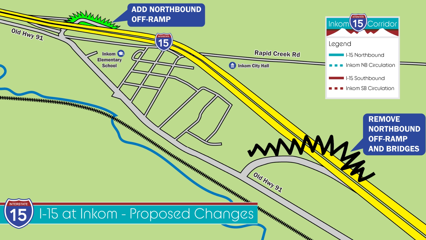 Map of proposed changes to Interstate 15 at Inkom west and east interchanges.
